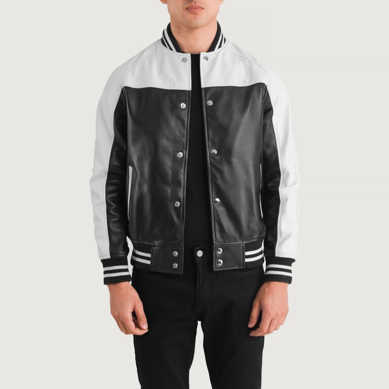 Mens Terrance Black & White Leather Varsity Jacket Open Front-4-1704117237220